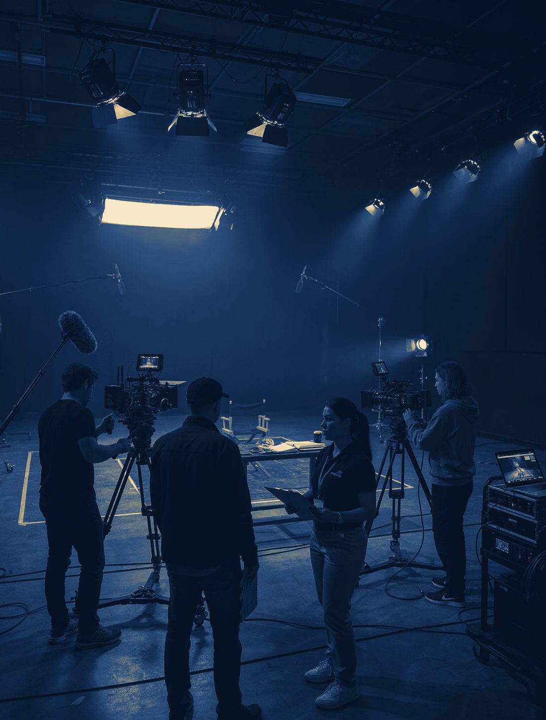 A production crew working on a studio floor