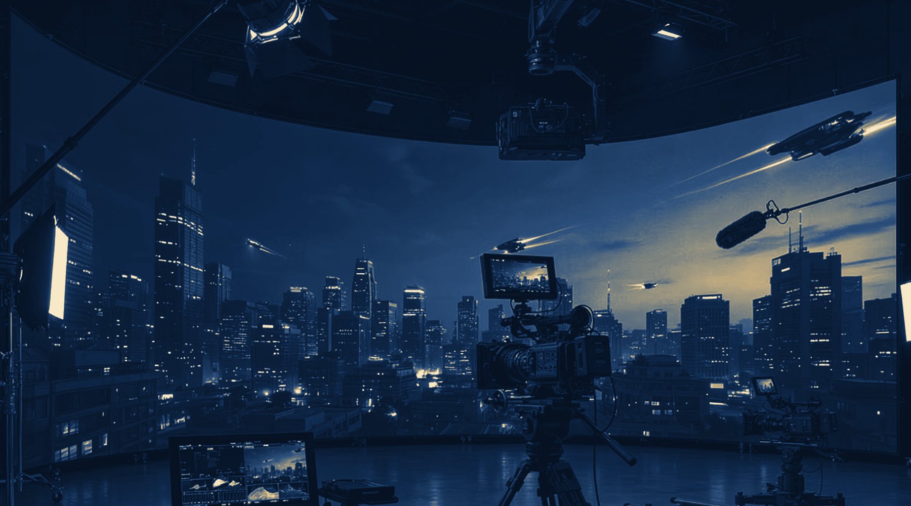 An LED volume stage with a virtual city backdrop during a virtual production shoot